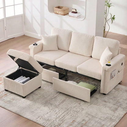 Hochwertiges Samtsofa mit LED-Beleuchtung & USB-C-Port, inklusive Stauraum-Fußteil, praktischen Getränkehaltern und Seitentaschen – Premium Qualität für Wohnzimmer, Schlafzimmer oder Büro.Beige