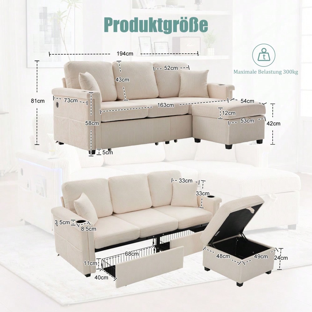 Hochwertiges Samtsofa mit LED-Beleuchtung & USB-C-Port, inklusive Stauraum-Fußteil, praktischen Getränkehaltern und Seitentaschen – Premium Qualität für Wohnzimmer, Schlafzimmer oder Büro.Beige