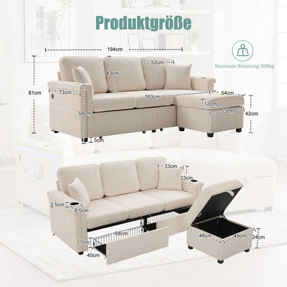 Hochwertiges Samtsofa mit LED-Beleuchtung & USB-C-Port, inklusive Stauraum-Fußteil, praktischen Getränkehaltern und Seitentaschen – Premium Qualität für Wohnzimmer, Schlafzimmer oder Büro.Beige