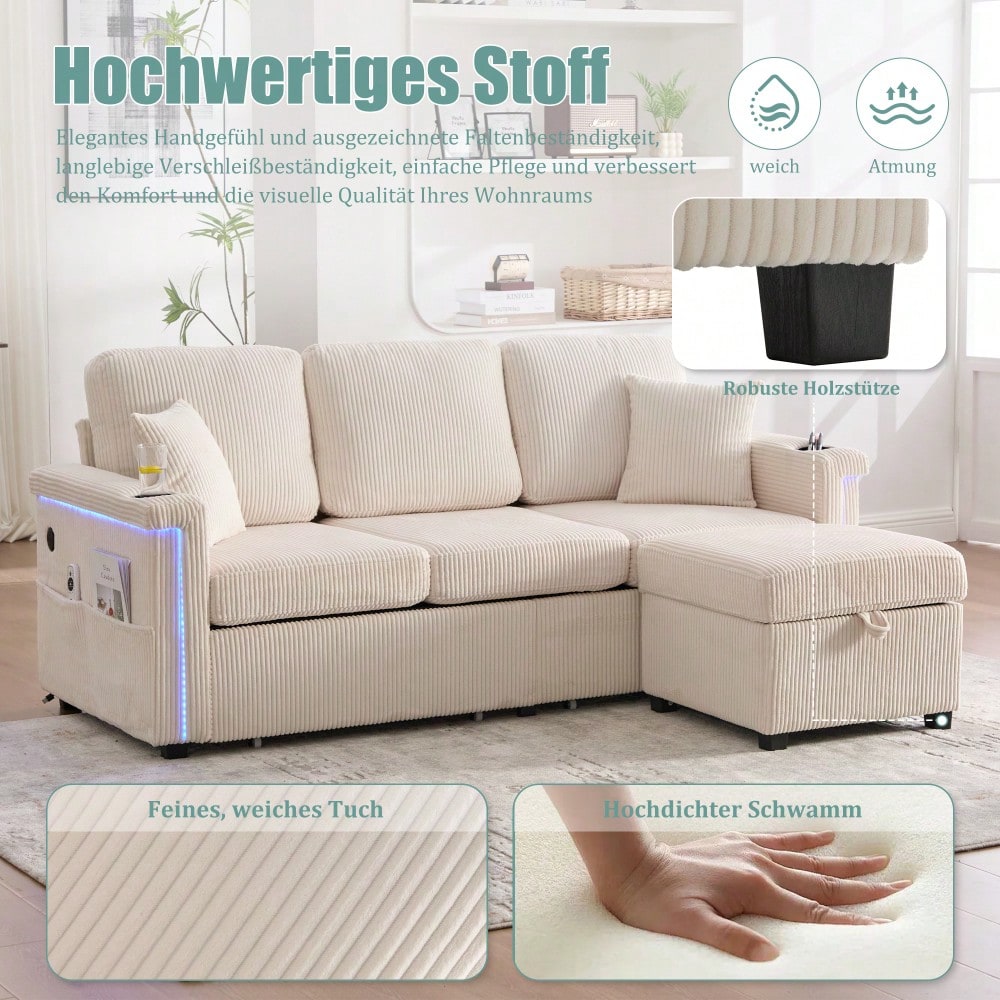 Hochwertiges Samtsofa mit LED-Beleuchtung & USB-C-Port, inklusive Stauraum-Fußteil, praktischen Getränkehaltern und Seitentaschen – Premium Qualität für Wohnzimmer, Schlafzimmer oder Büro.Beige