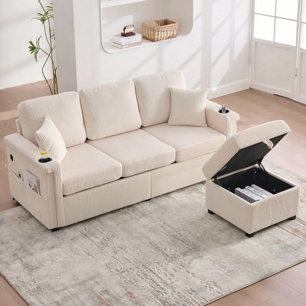 Hochwertiges Samtsofa mit LED-Beleuchtung & USB-C-Port, inklusive Stauraum-Fußteil, praktischen Getränkehaltern und Seitentaschen – Premium Qualität für Wohnzimmer, Schlafzimmer oder Büro.Beige