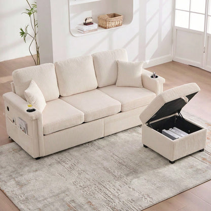 Hochwertiges Samtsofa mit LED-Beleuchtung & USB-C-Port, inklusive Stauraum-Fußteil, praktischen Getränkehaltern und Seitentaschen – Premium Qualität für Wohnzimmer, Schlafzimmer oder Büro.Beige