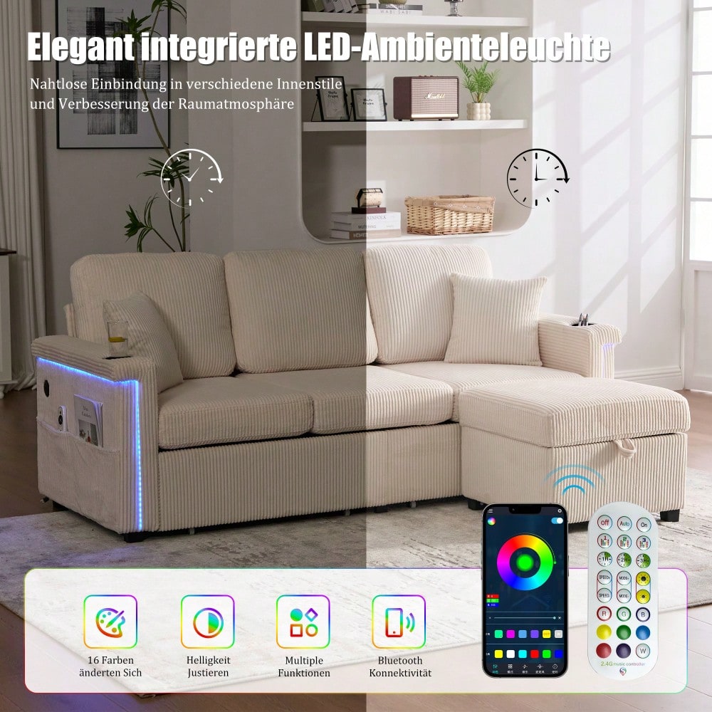Hochwertiges Samtsofa mit LED-Beleuchtung & USB-C-Port, inklusive Stauraum-Fußteil, praktischen Getränkehaltern und Seitentaschen – Premium Qualität für Wohnzimmer, Schlafzimmer oder Büro.Beige
