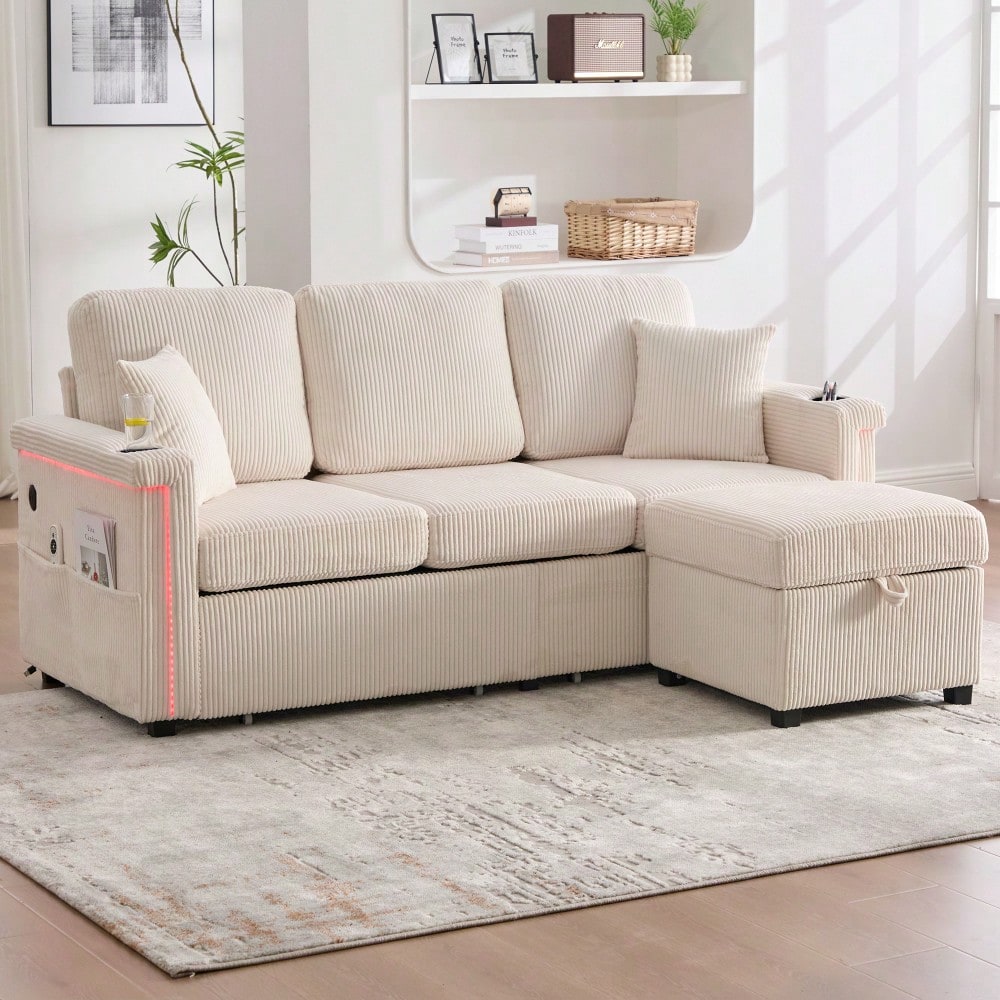 Hochwertiges Samtsofa mit LED-Beleuchtung & USB-C-Port, inklusive Stauraum-Fußteil, praktischen Getränkehaltern und Seitentaschen – Premium Qualität für Wohnzimmer, Schlafzimmer oder Büro.Beige