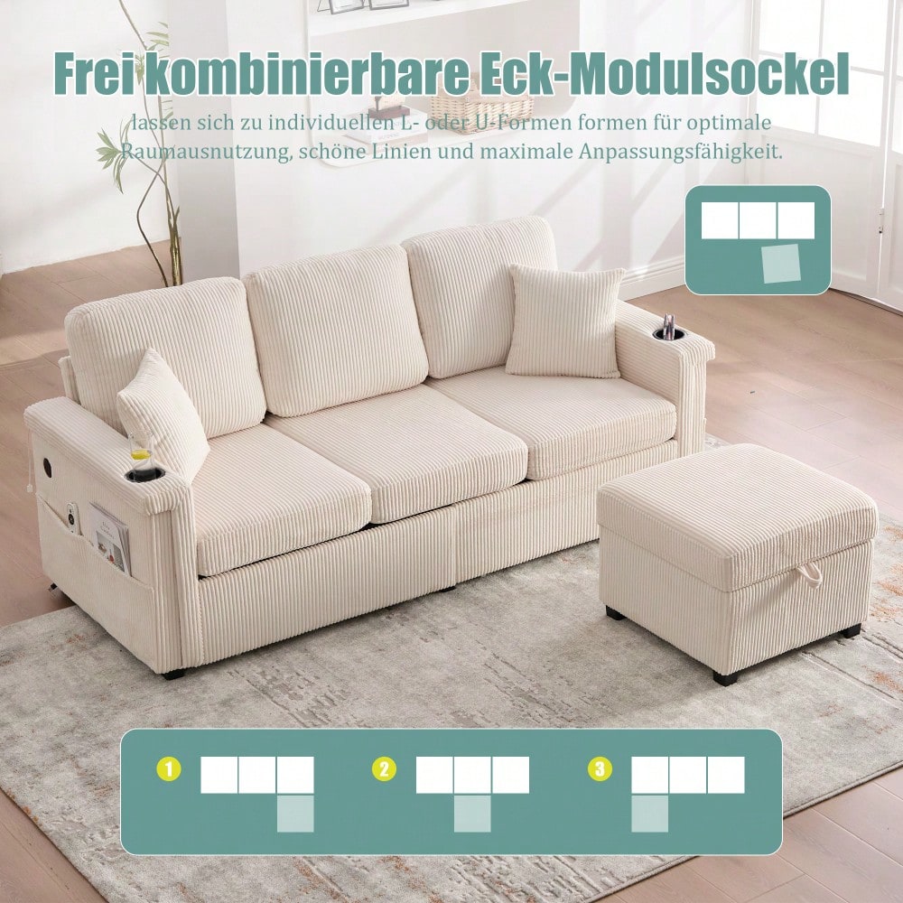Hochwertiges Samtsofa mit LED-Beleuchtung & USB-C-Port, inklusive Stauraum-Fußteil, praktischen Getränkehaltern und Seitentaschen – Premium Qualität für Wohnzimmer, Schlafzimmer oder Büro.Beige