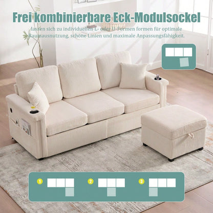 Hochwertiges Samtsofa mit LED-Beleuchtung & USB-C-Port, inklusive Stauraum-Fußteil, praktischen Getränkehaltern und Seitentaschen – Premium Qualität für Wohnzimmer, Schlafzimmer oder Büro.Beige