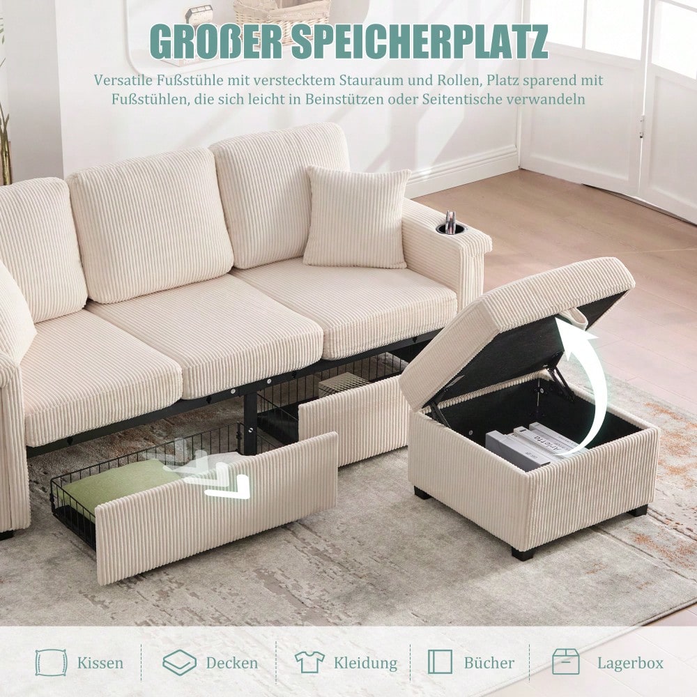 Hochwertiges Samtsofa mit LED-Beleuchtung & USB-C-Port, inklusive Stauraum-Fußteil, praktischen Getränkehaltern und Seitentaschen – Premium Qualität für Wohnzimmer, Schlafzimmer oder Büro.Beige