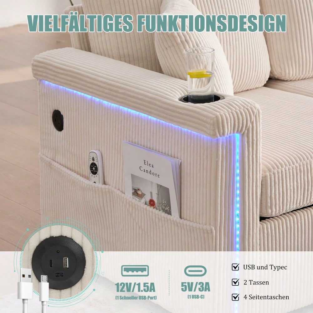 Hochwertiges Samtsofa mit LED-Beleuchtung & USB-C-Port, inklusive Stauraum-Fußteil, praktischen Getränkehaltern und Seitentaschen – Premium Qualität für Wohnzimmer, Schlafzimmer oder Büro.Beige