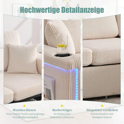 Hochwertiges Samtsofa mit LED-Beleuchtung & USB-C-Port, inklusive Stauraum-Fußteil, praktischen Getränkehaltern und Seitentaschen – Premium Qualität für Wohnzimmer, Schlafzimmer oder Büro.Beige