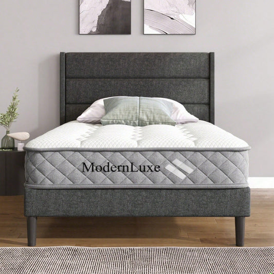 Polsterbett 90 x 200 cm, Bettgestell mit Lattenrost & Kopfteil, gepolstertes Doppelbett, Textilbezug Leinen in Grau, Zeitloses modernes Design, Jugendbett(Mit Matratze)
