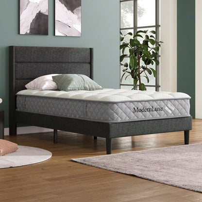 Polsterbett 90 x 200 cm, Bettgestell mit Lattenrost & Kopfteil, gepolstertes Doppelbett, Textilbezug Leinen in Grau, Zeitloses modernes Design, Jugendbett(Mit Matratze)