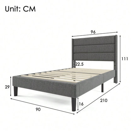 Polsterbett 90 x 200 cm, Bettgestell mit Lattenrost & Kopfteil, gepolstertes Doppelbett, Textilbezug Leinen in Grau, Zeitloses modernes Design, Jugendbett(Mit Matratze)