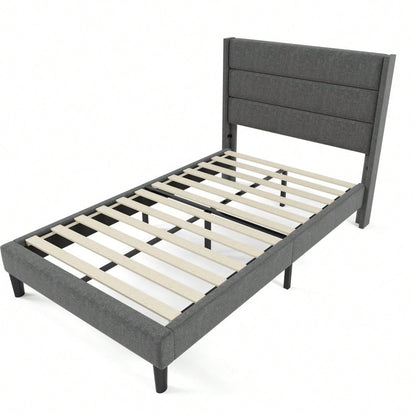 Polsterbett 90 x 200 cm, Bettgestell mit Lattenrost & Kopfteil, gepolstertes Doppelbett, Textilbezug Leinen in Grau, Zeitloses modernes Design, Jugendbett(Mit Matratze)