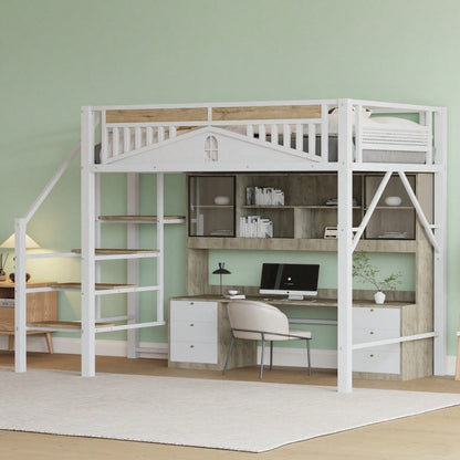 Metall-Hochbett 140 x 200 cm, Einzigartige Gehäuseform mit Fensterdesign, Mit Sicherheitsleiter, Viel Stauraum Unter Dem Bett, Weiß