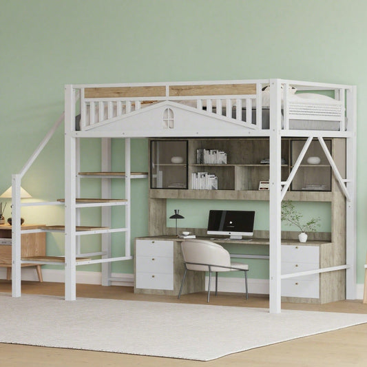 Metall-Hochbett 140 x 200 cm, Einzigartige Gehäuseform mit Fensterdesign, Mit Sicherheitsleiter, Viel Stauraum Unter Dem Bett, Weiß