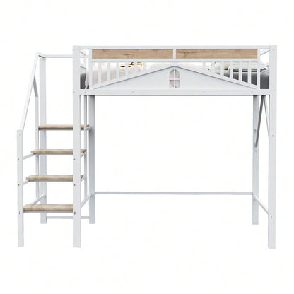 Metall-Hochbett 140 x 200 cm, Einzigartige Gehäuseform mit Fensterdesign, Mit Sicherheitsleiter, Viel Stauraum Unter Dem Bett, Weiß