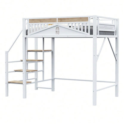 Metall-Hochbett 140 x 200 cm, Einzigartige Gehäuseform mit Fensterdesign, Mit Sicherheitsleiter, Viel Stauraum Unter Dem Bett, Weiß