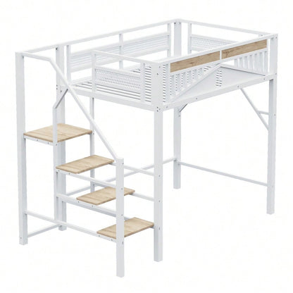 Metall-Hochbett 140 x 200 cm, Einzigartige Gehäuseform mit Fensterdesign, Mit Sicherheitsleiter, Viel Stauraum Unter Dem Bett, Weiß