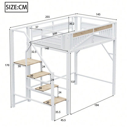 Metall-Hochbett 140 x 200 cm, Einzigartige Gehäuseform mit Fensterdesign, Mit Sicherheitsleiter, Viel Stauraum Unter Dem Bett, Weiß