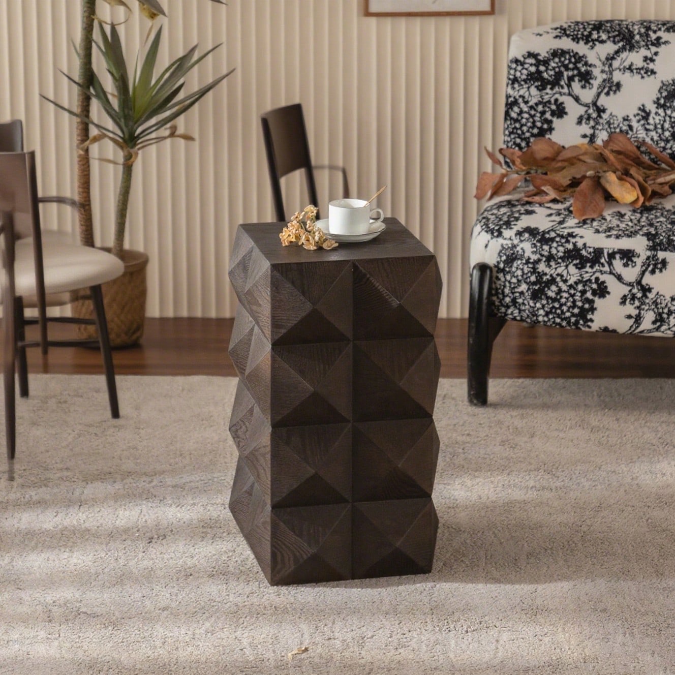 60CM Height Three-dimensional Embossed Pattern Design Retro Side Table Retro Wooden Nightstand Brown,No Assembly Required