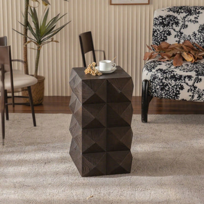 60CM Height Three-dimensional Embossed Pattern Design Retro Side Table Retro Wooden Nightstand Brown,No Assembly Required