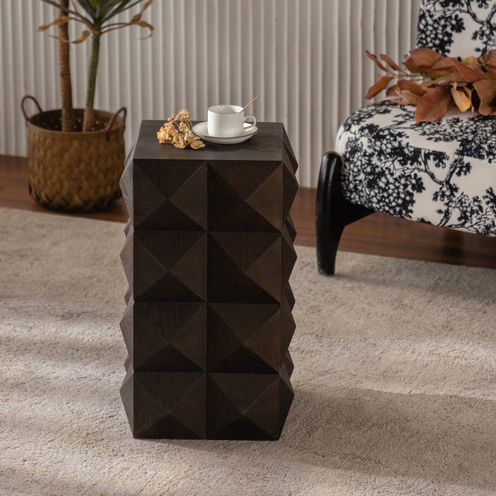 60CM Height Three-dimensional Embossed Pattern Design Retro Side Table Retro Wooden Nightstand Brown,No Assembly Required