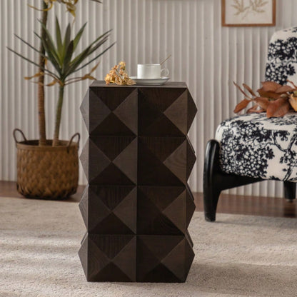 60CM Height Three-dimensional Embossed Pattern Design Retro Side Table Retro Wooden Nightstand Brown,No Assembly Required
