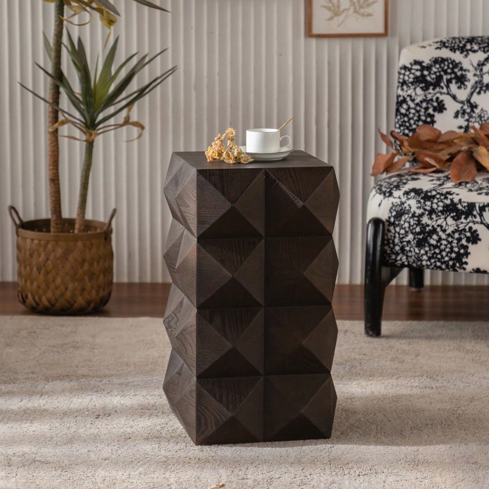 60CM Height Three-dimensional Embossed Pattern Design Retro Side Table Retro Wooden Nightstand Brown,No Assembly Required