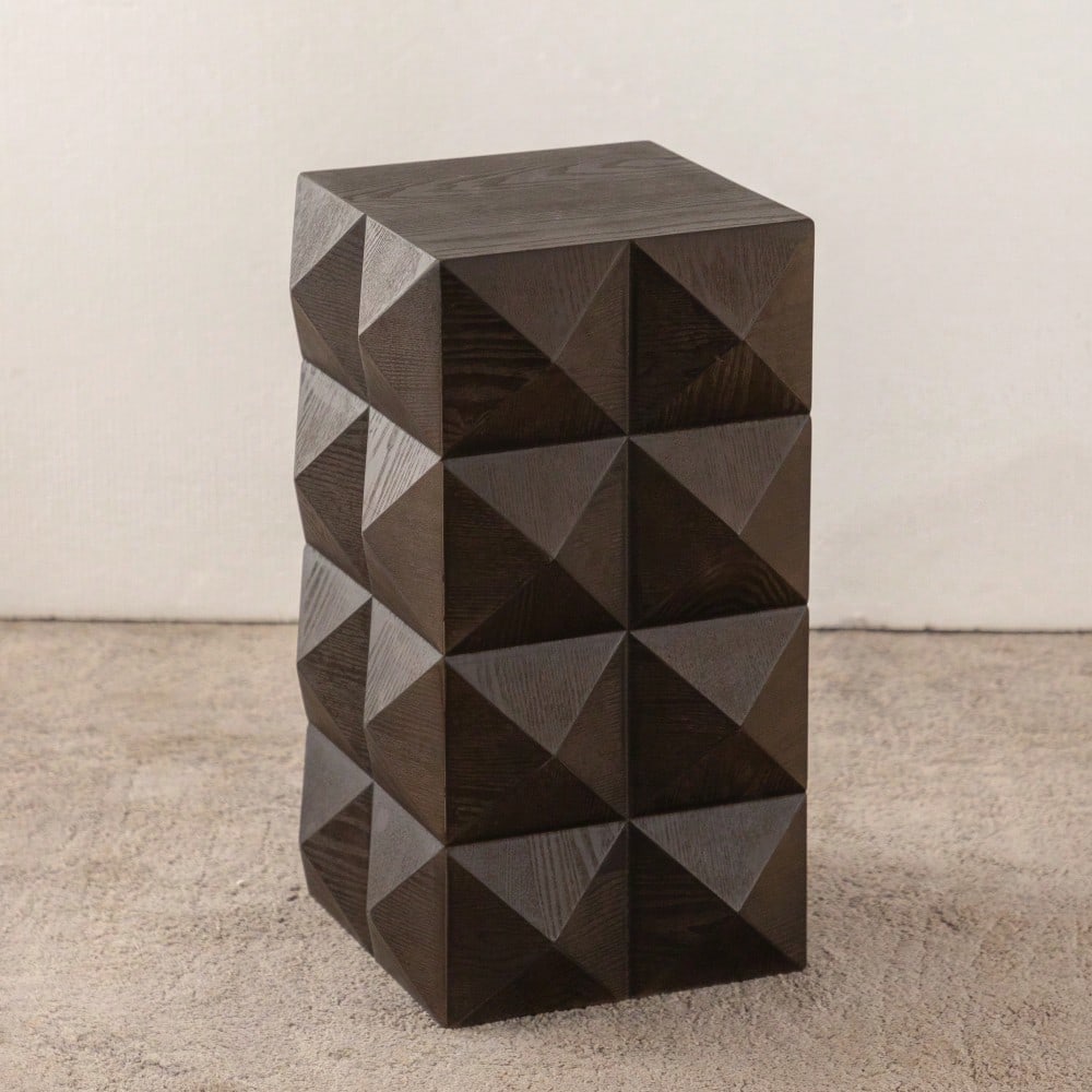 60CM Height Three-dimensional Embossed Pattern Design Retro Side Table Retro Wooden Nightstand Brown,No Assembly Required