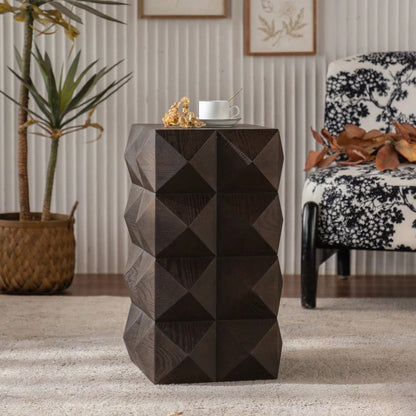 60CM Height Three-dimensional Embossed Pattern Design Retro Side Table Retro Wooden Nightstand Brown,No Assembly Required