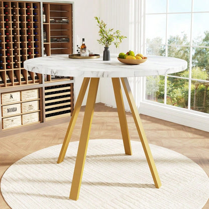 Runder Esstisch (80×80×75cm), Küchen-Esstisch, runder Couchtisch für 4 Personen, geeignet für Esszimmer, Wohnzimmer, Tischbeine aus Metall, weißes Marmormuster und goldene Tischbeine