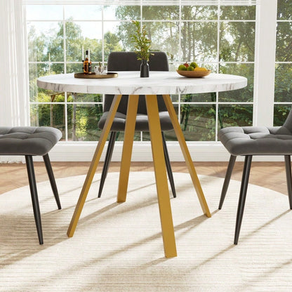 Runder Esstisch (80×80×75cm), Küchen-Esstisch, runder Couchtisch für 4 Personen, geeignet für Esszimmer, Wohnzimmer, Tischbeine aus Metall, weißes Marmormuster und goldene Tischbeine