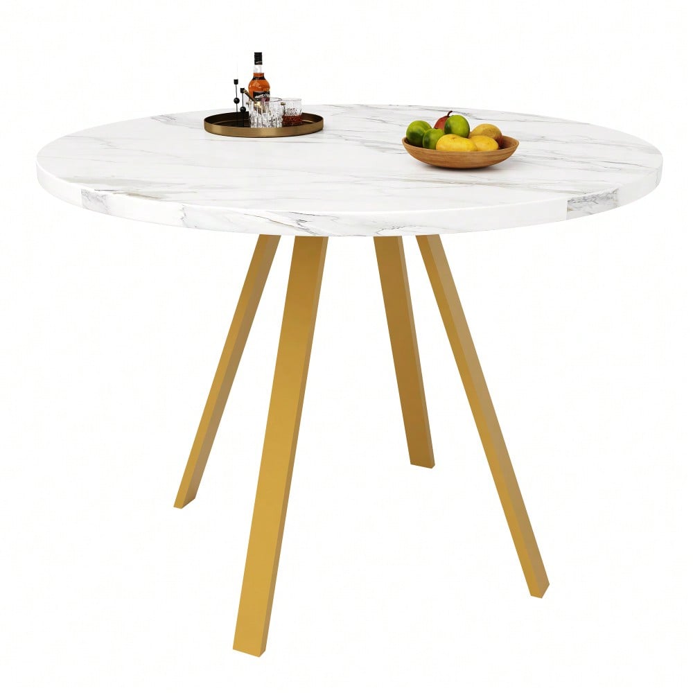 Runder Esstisch (80×80×75cm), Küchen-Esstisch, runder Couchtisch für 4 Personen, geeignet für Esszimmer, Wohnzimmer, Tischbeine aus Metall, weißes Marmormuster und goldene Tischbeine