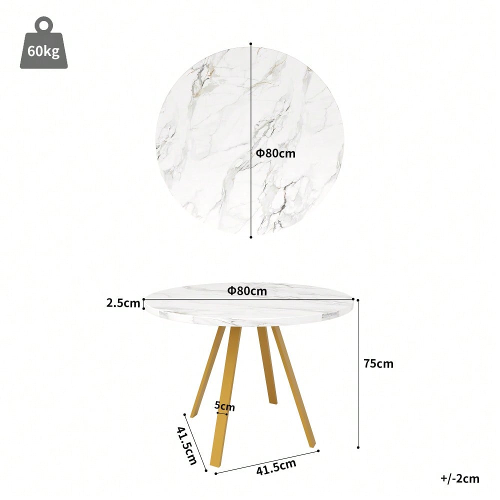 Runder Esstisch (80×80×75cm), Küchen-Esstisch, runder Couchtisch für 4 Personen, geeignet für Esszimmer, Wohnzimmer, Tischbeine aus Metall, weißes Marmormuster und goldene Tischbeine