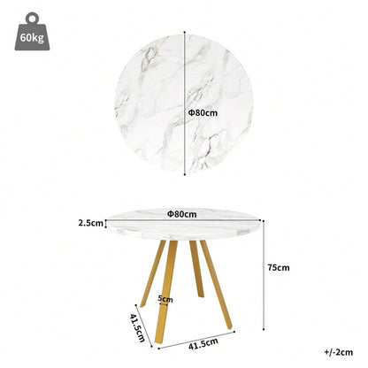 Runder Esstisch (80×80×75cm), Küchen-Esstisch, runder Couchtisch für 4 Personen, geeignet für Esszimmer, Wohnzimmer, Tischbeine aus Metall, weißes Marmormuster und goldene Tischbeine
