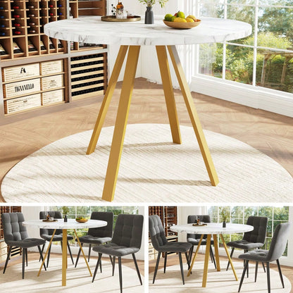 Runder Esstisch (80×80×75cm), Küchen-Esstisch, runder Couchtisch für 4 Personen, geeignet für Esszimmer, Wohnzimmer, Tischbeine aus Metall, weißes Marmormuster und goldene Tischbeine