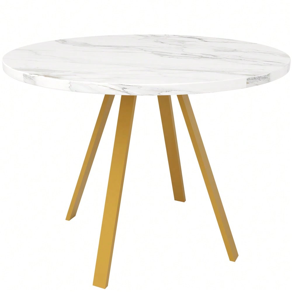 Runder Esstisch (80×80×75cm), Küchen-Esstisch, runder Couchtisch für 4 Personen, geeignet für Esszimmer, Wohnzimmer, Tischbeine aus Metall, weißes Marmormuster und goldene Tischbeine