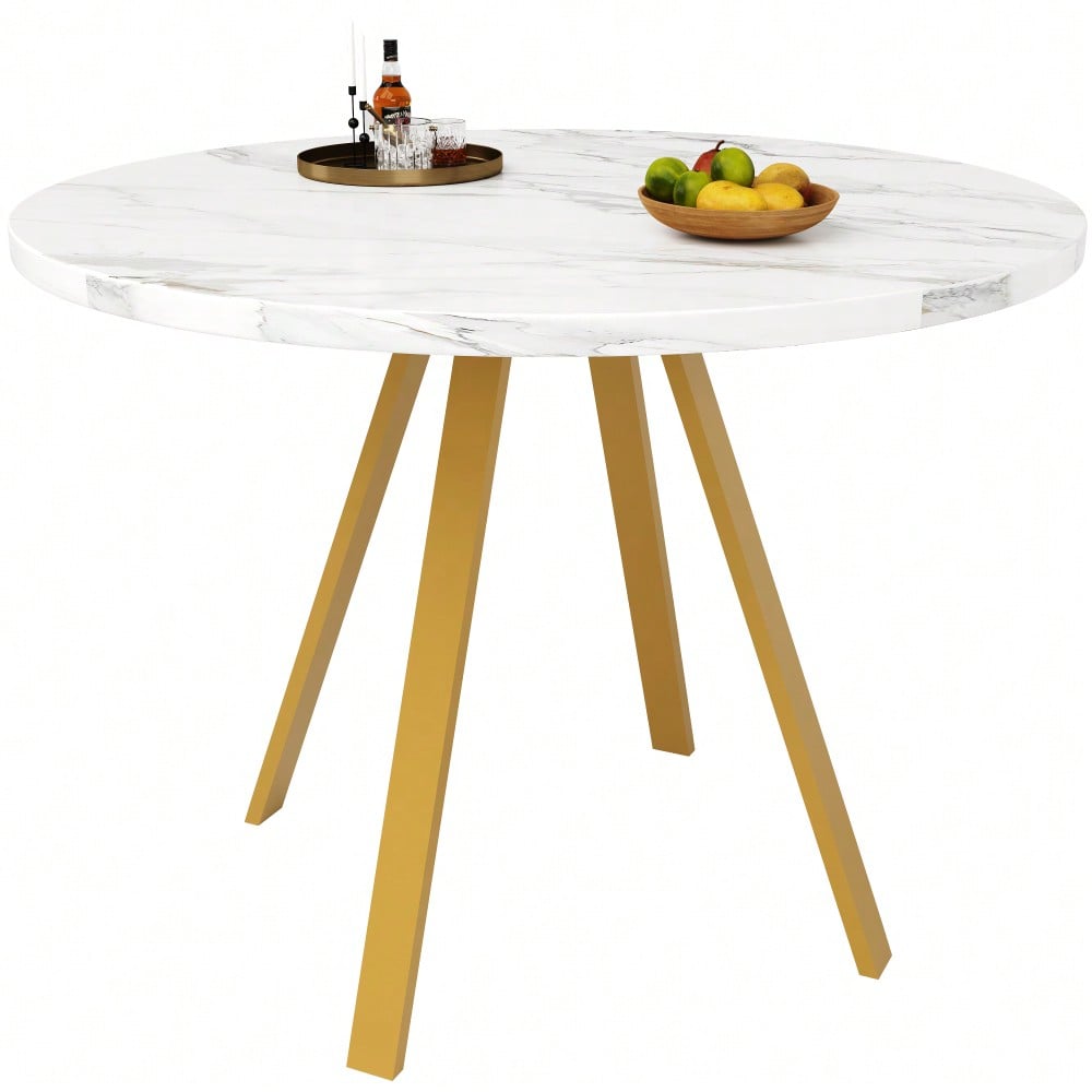 Runder Esstisch (80×80×75cm), Küchen-Esstisch, runder Couchtisch für 4 Personen, geeignet für Esszimmer, Wohnzimmer, Tischbeine aus Metall, weißes Marmormuster und goldene Tischbeine
