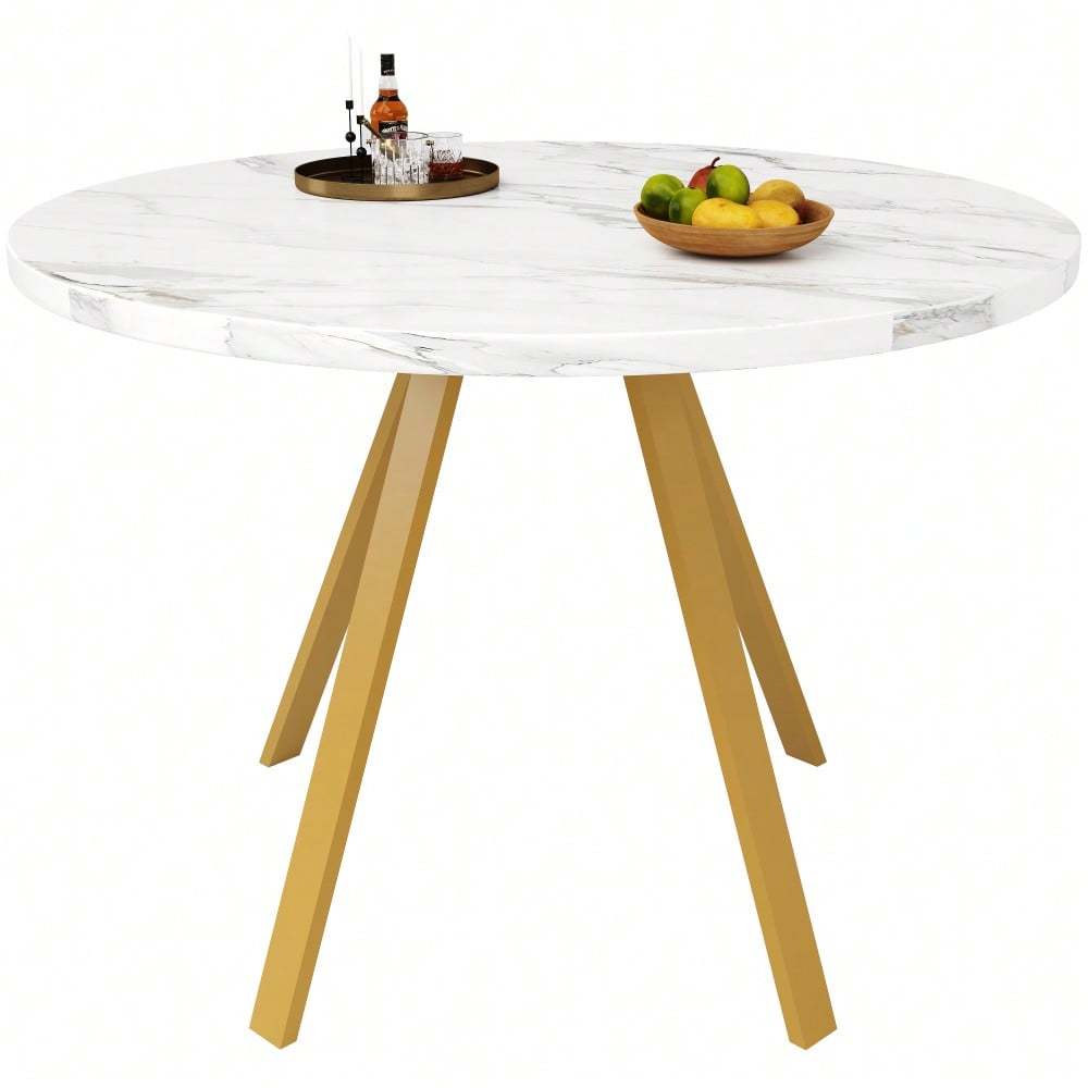 Runder Esstisch (80×80×75cm), Küchen-Esstisch, runder Couchtisch für 4 Personen, geeignet für Esszimmer, Wohnzimmer, Tischbeine aus Metall, weißes Marmormuster und goldene Tischbeine