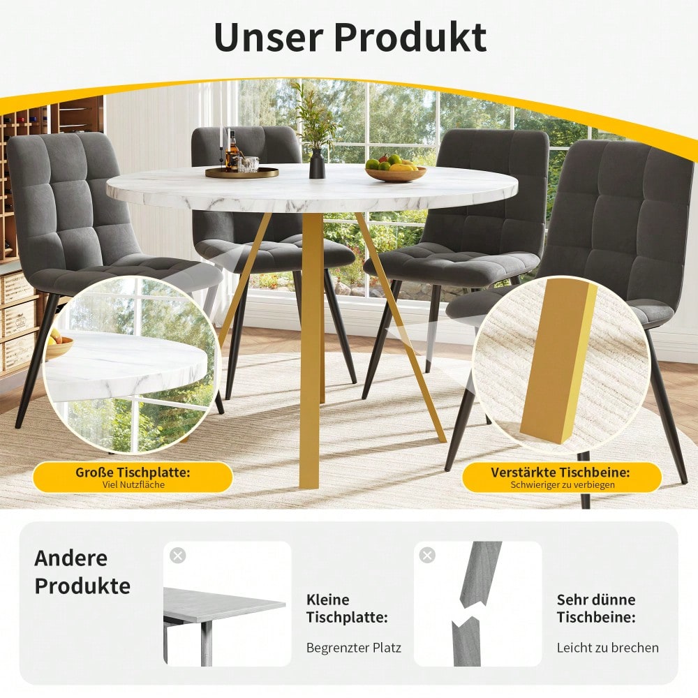 Runder Esstisch (80×80×75cm), Küchen-Esstisch, runder Couchtisch für 4 Personen, geeignet für Esszimmer, Wohnzimmer, Tischbeine aus Metall, weißes Marmormuster und goldene Tischbeine
