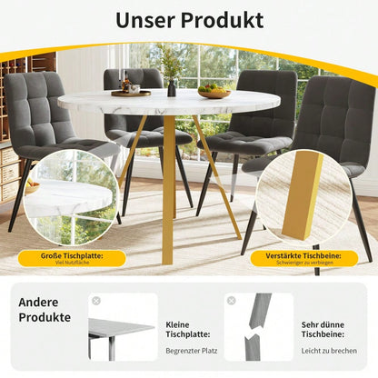 Runder Esstisch (80×80×75cm), Küchen-Esstisch, runder Couchtisch für 4 Personen, geeignet für Esszimmer, Wohnzimmer, Tischbeine aus Metall, weißes Marmormuster und goldene Tischbeine