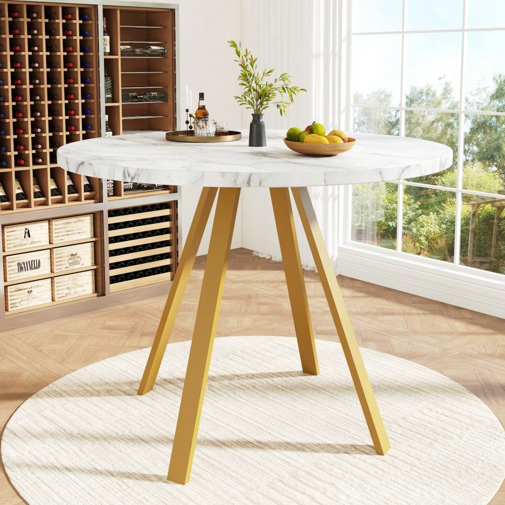 Runder Esstisch (80×80×75cm), Küchen-Esstisch, runder Couchtisch für 4 Personen, geeignet für Esszimmer, Wohnzimmer, Tischbeine aus Metall, weißes Marmormuster und goldene Tischbeine