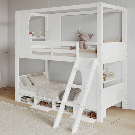 Etagenbett, Kinderbett mit Fallschutzgitter, mit Tisch, Schuhschrank mit vier Fächern, Reichlich Stauraum, Dreistufige Schrägleiter, Kiefer+MDF+Sperrholz, Weiß, 90x200cm