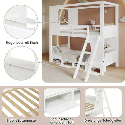 Etagenbett, Kinderbett mit Fallschutzgitter, mit Tisch, Schuhschrank mit vier Fächern, Reichlich Stauraum, Dreistufige Schrägleiter, Kiefer+MDF+Sperrholz, Weiß, 90x200cm