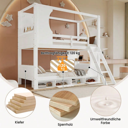 Etagenbett, Kinderbett mit Fallschutzgitter, mit Tisch, Schuhschrank mit vier Fächern, Reichlich Stauraum, Dreistufige Schrägleiter, Kiefer+MDF+Sperrholz, Weiß, 90x200cm