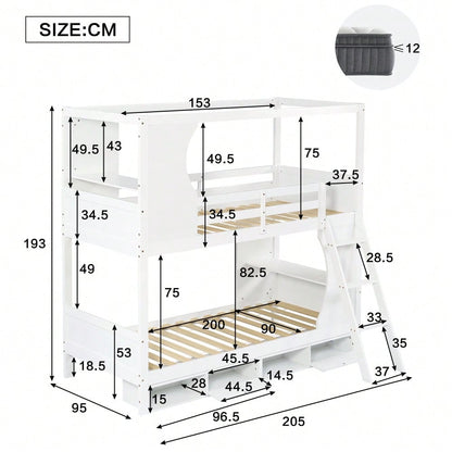 Etagenbett, Kinderbett mit Fallschutzgitter, mit Tisch, Schuhschrank mit vier Fächern, Reichlich Stauraum, Dreistufige Schrägleiter, Kiefer+MDF+Sperrholz, Weiß, 90x200cm