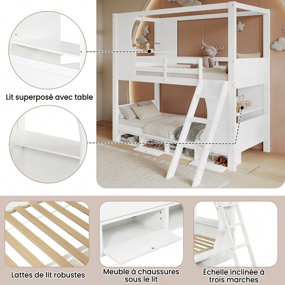 Etagenbett, Kinderbett mit Fallschutzgitter, mit Tisch, Schuhschrank mit vier Fächern, Reichlich Stauraum, Dreistufige Schrägleiter, Kiefer+MDF+Sperrholz, Weiß, 90x200cm