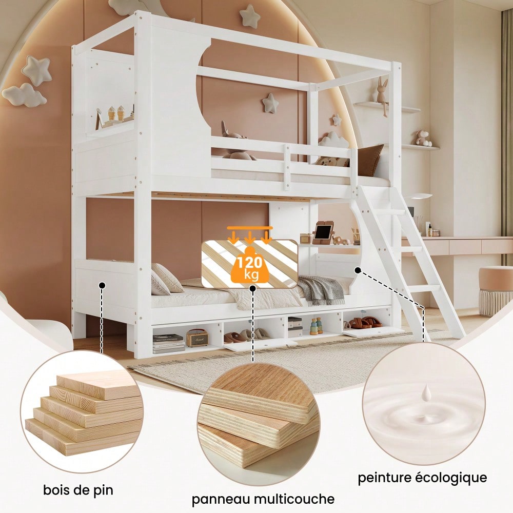 Etagenbett, Kinderbett mit Fallschutzgitter, mit Tisch, Schuhschrank mit vier Fächern, Reichlich Stauraum, Dreistufige Schrägleiter, Kiefer+MDF+Sperrholz, Weiß, 90x200cm
