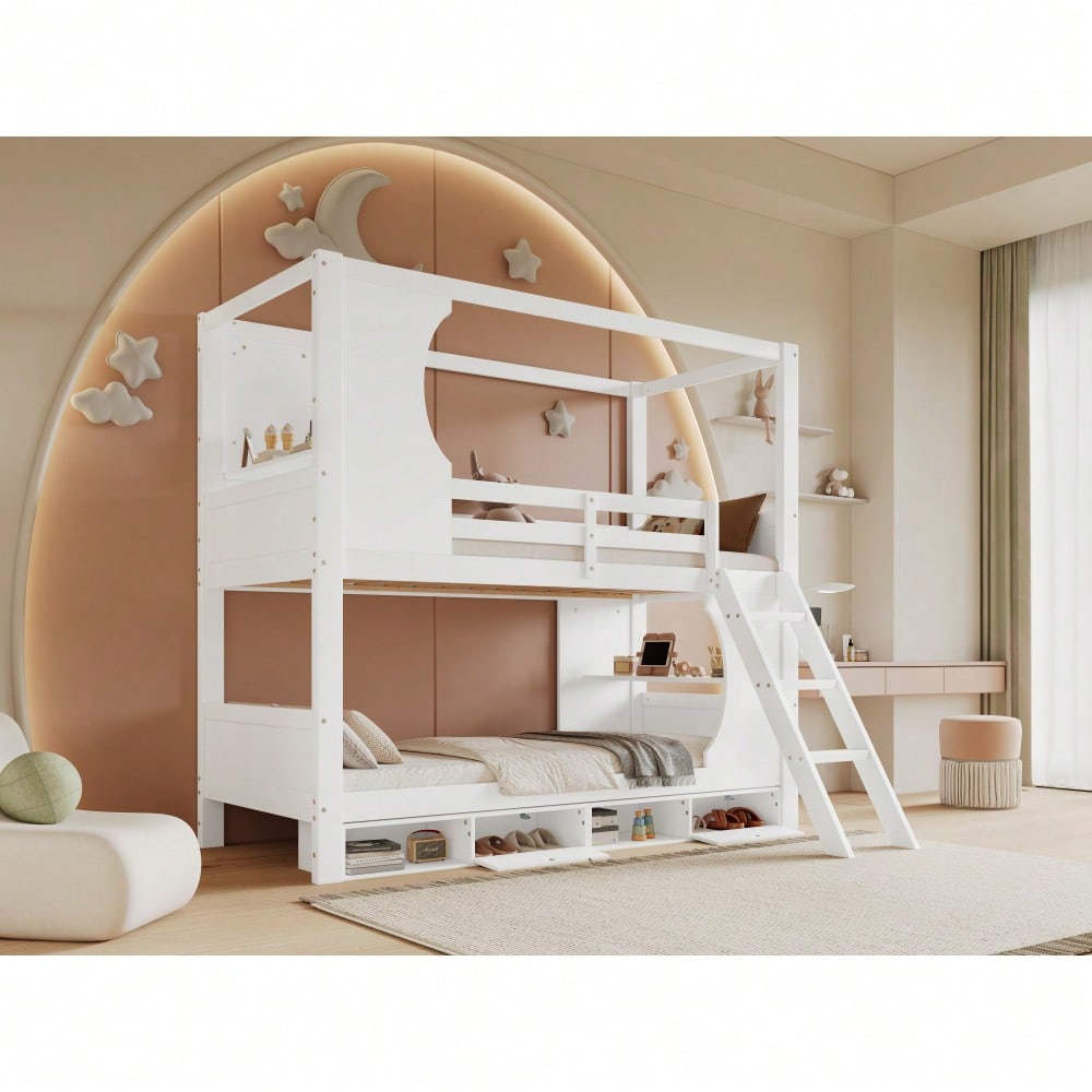 Etagenbett, Kinderbett mit Fallschutzgitter, mit Tisch, Schuhschrank mit vier Fächern, Reichlich Stauraum, Dreistufige Schrägleiter, Kiefer+MDF+Sperrholz, Weiß, 90x200cm