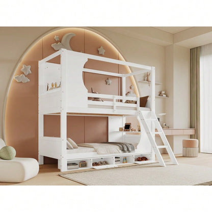 Etagenbett, Kinderbett mit Fallschutzgitter, mit Tisch, Schuhschrank mit vier Fächern, Reichlich Stauraum, Dreistufige Schrägleiter, Kiefer+MDF+Sperrholz, Weiß, 90x200cm